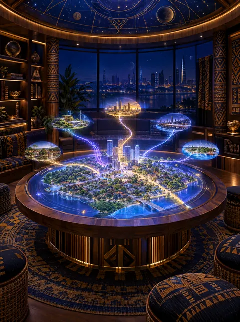 A community room with a glowing model of a neighborhood and branching paths of light.