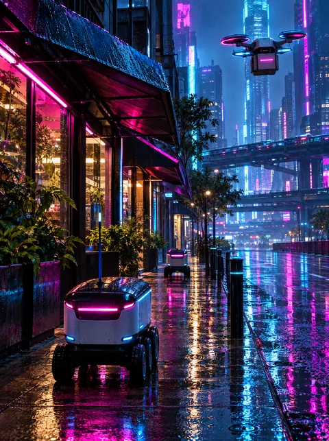 Delivery robots rolling down a rain-slick street at night, a drone overhead.