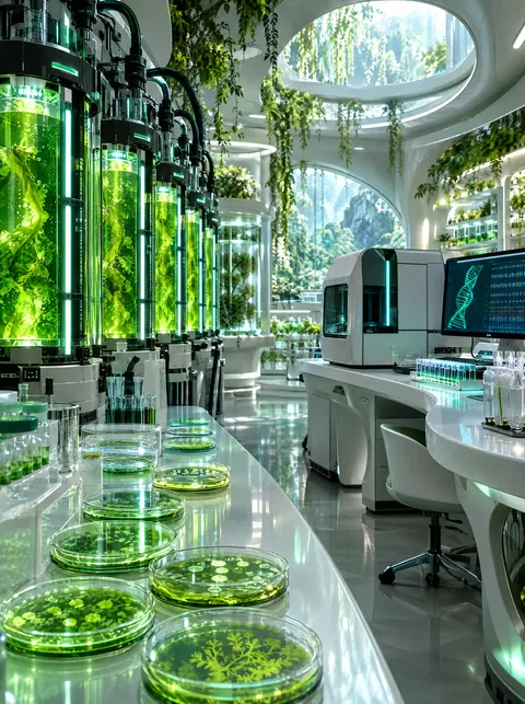 A biology lab with rows of glowing green bioreactor tubes.
