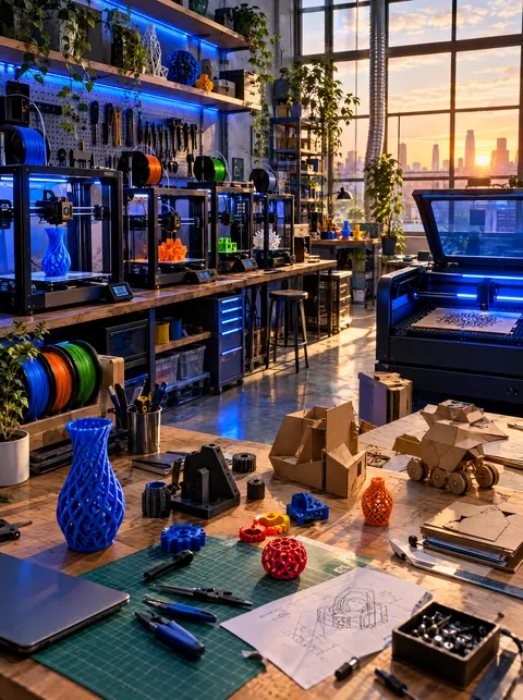 A makerspace with 3D printers mid-print and cardboard prototypes.